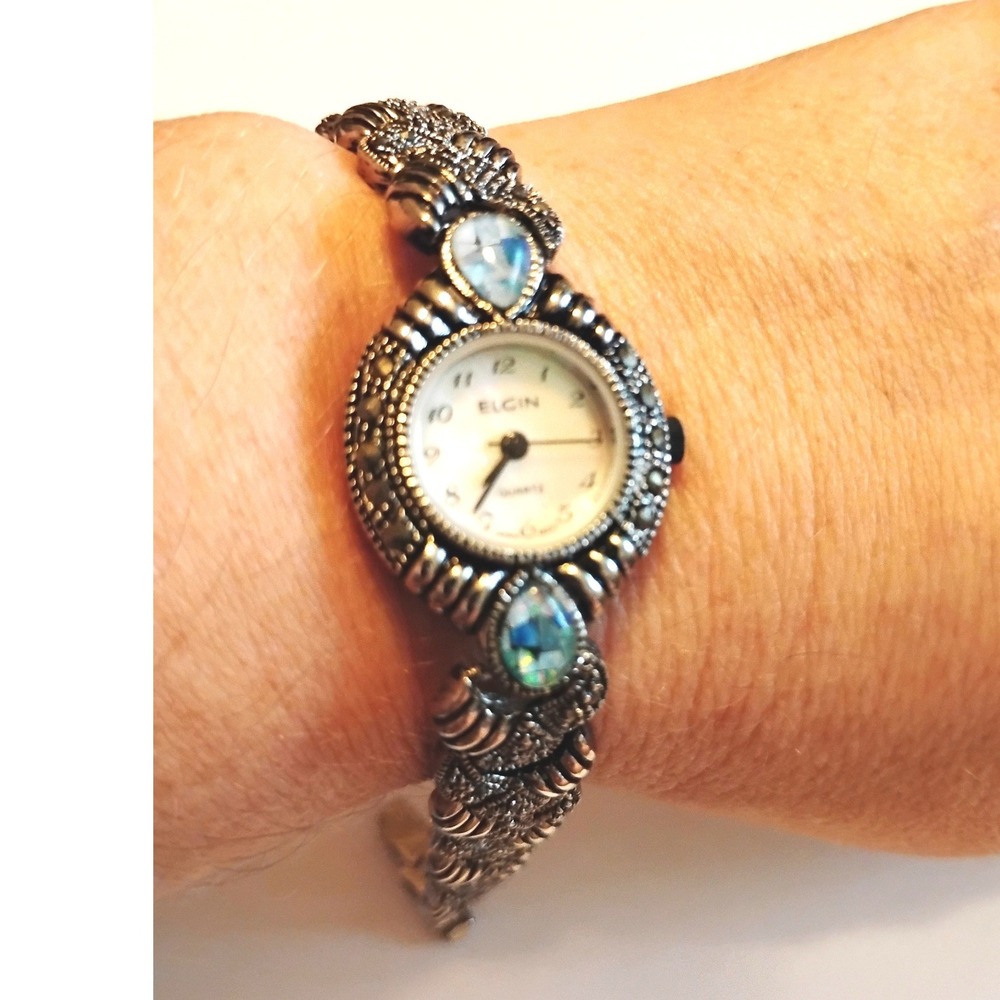 💖Vintage 90s Elgin 925‎ Sterling Silver Marcasite Opal Watch quiet luxury rare